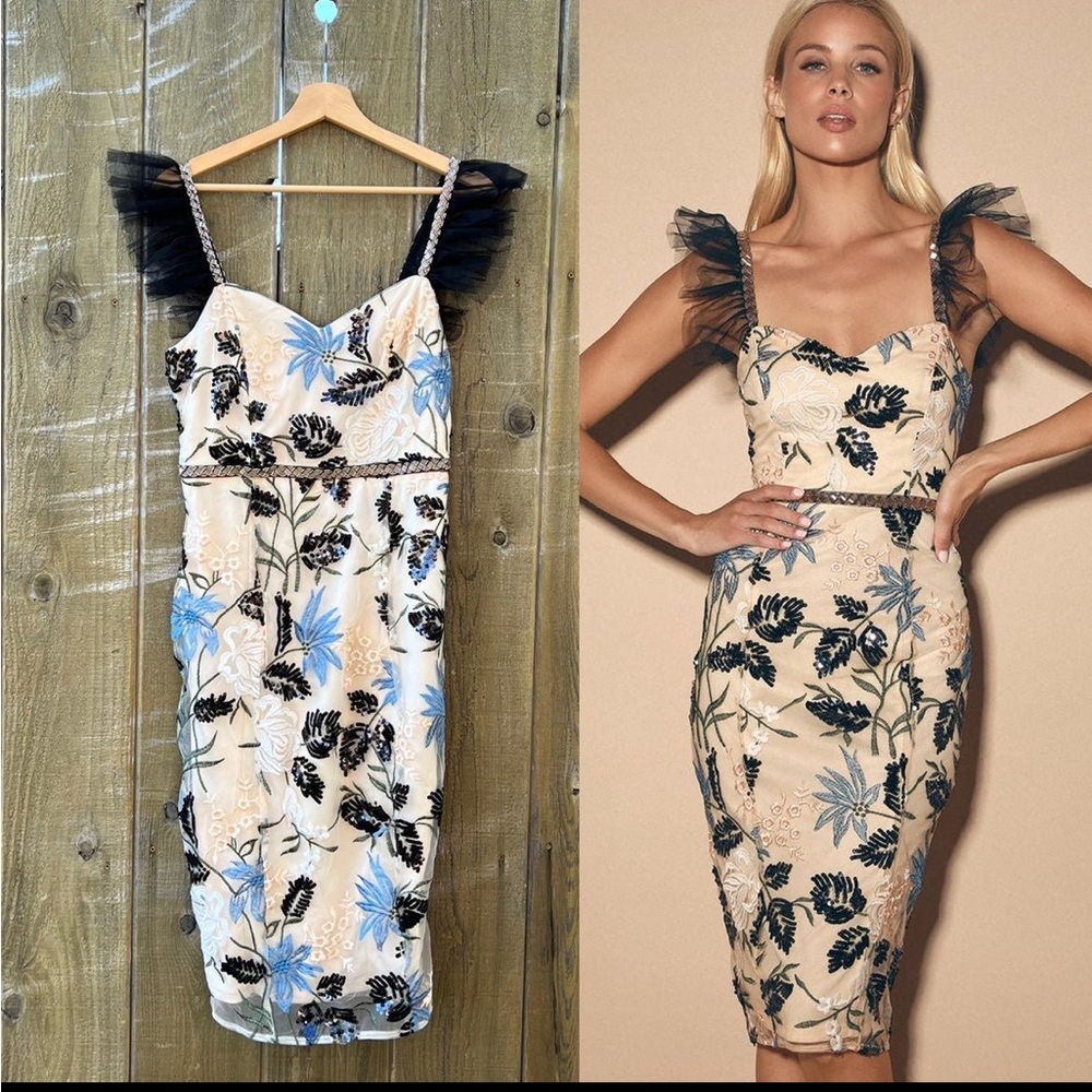 Cream Showstopper Embroidered Sequin Bodycon Midi Dress 🌿